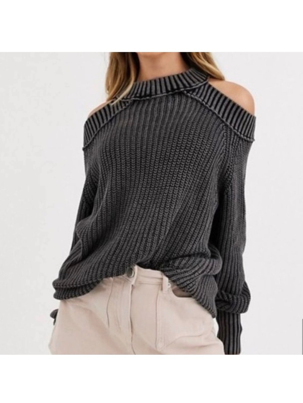 Free People Half Moon Bay Pullover Sweater S Washed Black Cold Shoulder NWT